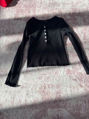 art class Black Ribbed Henley Crop Top with Lettuce Hem